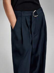 Ontre 女士純色百褶腰帶寬腿西裝褲 - 藍色 - 查看 3