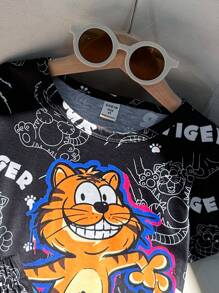 2 Stücke Set aus Freizeit Top mit Batik und Muster für Kleine Jungen und Sportshorts mit Batik Muster, geeignet für Lässig und Schule, ideal für Streetwear - Schwarz - Übersicht 5