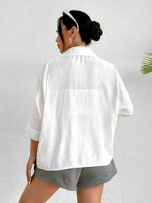 SHEIN PETITE Spring White Solid Batwing Sleeve White Shirt,Three Quarter Sleeve Tops