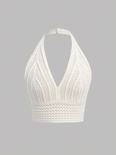 SHEIN Girlism 少女白色針織提花V領針織衫，帶綁頸風格