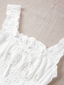 SHEIN VCAY Summer Holiday Knitted Solid Eyelet Embroidery Frill Trim Crop Tank Top