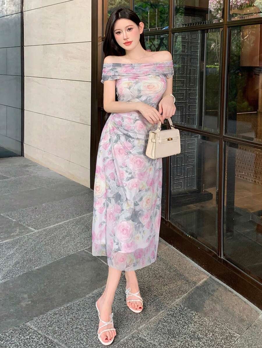 DAZY Đầm ôm sát in hoa mùa hè dành cho nữ, đầm dự tiệc sinh nhật, đầm dạ hội, đầm hè thanh lịch dành cho nữ, đầm lễ Phục sinh. - Màu be - Xem 1