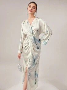 Modelyn Đầm dài cổ chữ V nhuộm màu in họa tiết viền dài phong cách Ả Rập có tay áo dài thanh lịch dành cho nữ - Màu xanh Cadet - Xem 6