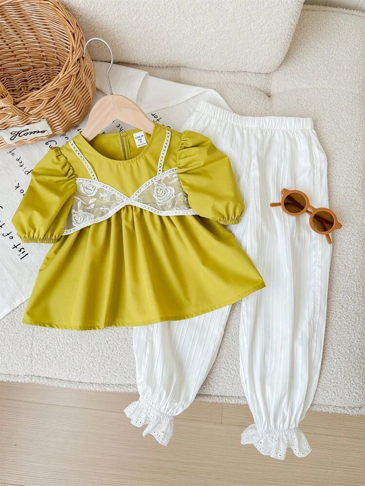 Young Girl Woven Round Neck Puff Sleeve Matched 2 In 1 Top + Woven Loose Cuffed Pants Set