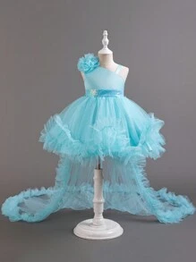 SHEIN Vestido de princesa largo y colorido con cola para niña joven en bodas, vestido formal con banda de cintura adornada y un solo hombro para fiestas de cumpleaños y niñas de las flores en bodas, todas las estaciones - Agua verde azul - Ver 1