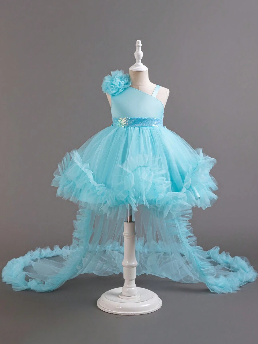 SHEIN Vestido de princesa largo y colorido con cola para niña joven en bodas, vestido formal con banda de cintura adornada y un solo hombro para fiestas de cumpleaños y niñas de las flores en bodas, todas las estaciones - Agua verde azul - Ver 1