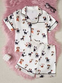 Tween Girl Lightweight Dog Print Short Sleeve T-Shirt And Shorts 2-Piece Set, Spring/Summer - Apricot - View 1