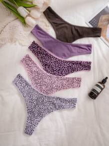 5 件装女士纯色豹纹性感丁字裤内裤 - 彩色 - 查看 5