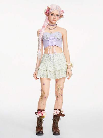Fairycore Falda mini con volantes para mujer, con tejido texturizado, bordado y estampado