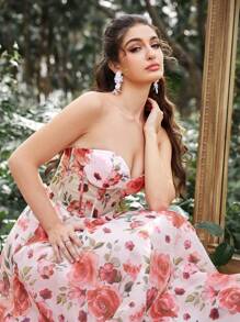 Faeriesty Floral Printed Tube Corset Prom Dress - Pink - View 6