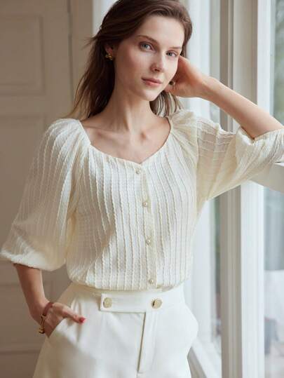 MOTF PREMIUM SOLID TEXTURED SWEETHEART NECK PUFF SLEEVE FAUX PEARL BUTTON PLACKET TEE,SUMMER OUTFITS