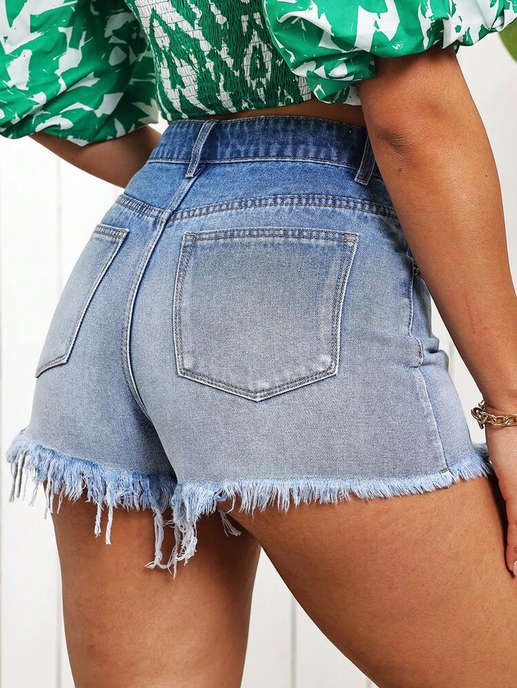 Women's Fashionable High Waist Denim Shorts With Ombre Color And Fringe Design
