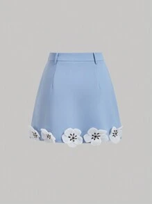 SHEIN MOD Solid Color 3D Flower Decorated Skirt - Blue - View 2