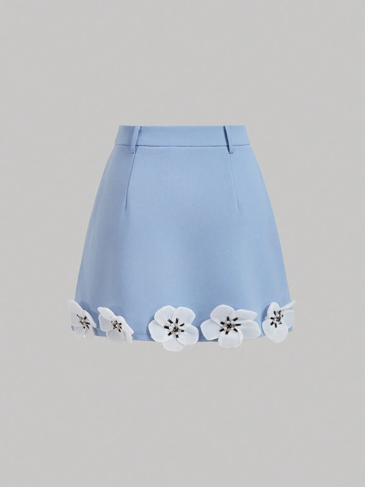 Solid Color 3D Flower Decorated Skirt