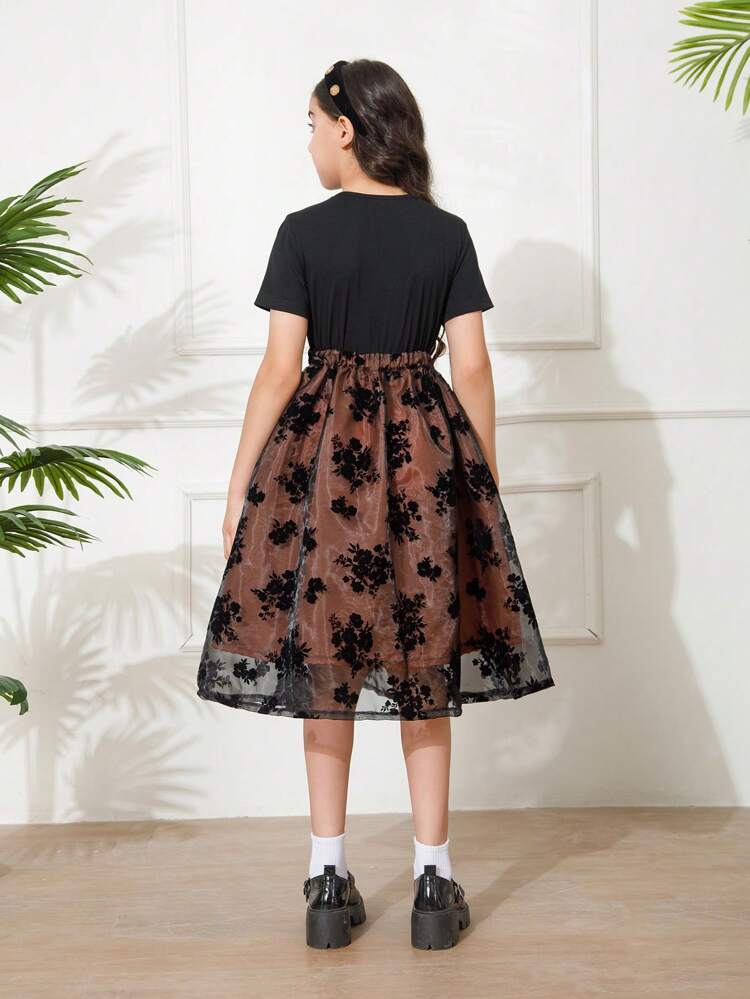 Tween Girl Elegant Flocked Mesh Contrast Puffy Dress, Summer