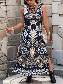 Breezaya Plus Size Vacation Fashion Random Printed Sleeveless Dress With Side Slits