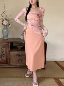 DAZY Conjunto de dos piezas con mangas largas y transparente para mujer - Naranja Coral - Ver 3