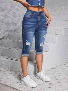 SHEIN PETITE Women's Fashionable Slim Fit Mid-Length Jeans With Distressed Design ,Petite Women - Blue - View 5