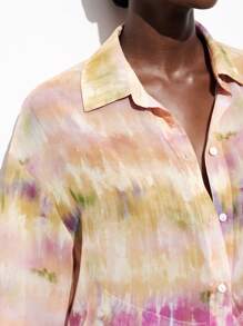 Maija 女士渐变印花纽扣休闲宽松衬衫，舒适日常度假穿着，春季，翻领，落肩，长袖，沙滩风，简约印花扎染雪纺休闲衬衫，秋季女装 - 杏色 - 查看 4