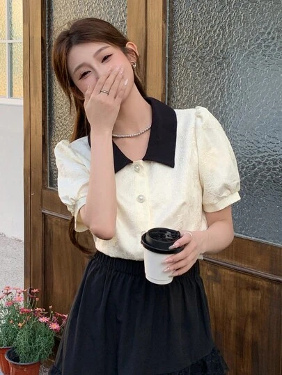 DAZY 女士夏季休閒拼色襯衫領泡泡袖上衣