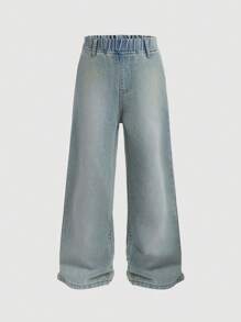 SHEIN Tween Boy Casual Fashionable & Soft Vintage Washed Loose Straight Leg Light Blue Denim Jeans, For Summer And Spring