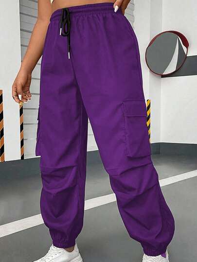 Flirla Plus Size Solid Color Drawstring Casual Cargo Pants With Pockets Fall Cloth For Women