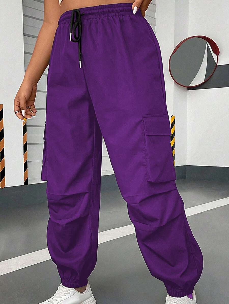 Flirla Pantalones de carga casuales de talla grande con cordón y bolsillos de unicolor - Morado - Ver 1