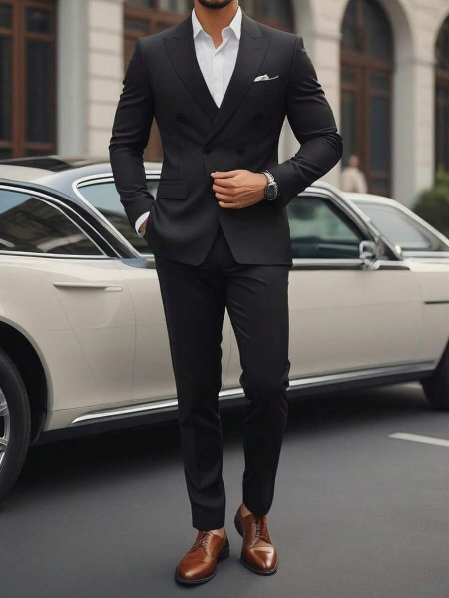 Manfinity Mode Men's Casual Solid Color Double Breasted Suit Jacket And Pants Set - Black - View 1