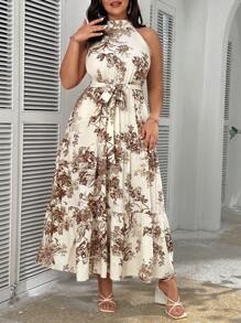 SHEIN Clasi Rochie de vară cu umăr rece, cu curea florală, cu tiv cu volan, ținută maxi pentru femei