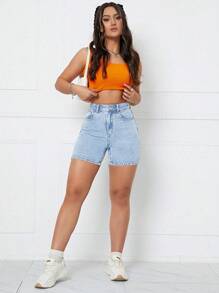 SHEIN Privé Women's Slim Fit Casual Denim Shorts With Pockets - Blue and White - View 3