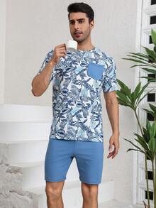Conjunto de ropa cómoda impresa de moda para hombre para estar en casa y para vestir informal - Azul - Ver 6