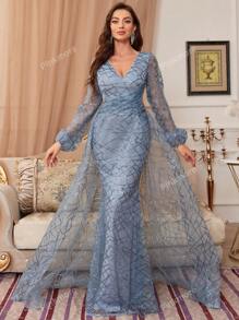Abito da sera lungo con scollo a V, maniche lunghe, pesantemente decorato con paillettes, abito elegante da cerimonia da donna per balli, feste, laurea, cene