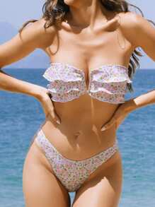 SHEIN Swim Women's Summer Beach Ditsy Floral Multi-Layer Ruffle Bandeau Bikini Set - Pink - View 1