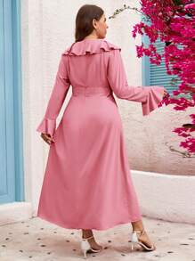 SHEIN Clasi Vestido Dividido Con Dobladillo Con Volantes Y Mangas Acampanadas Elegante De Primavera/verano De Talla Grande - Rosa - Ver 2