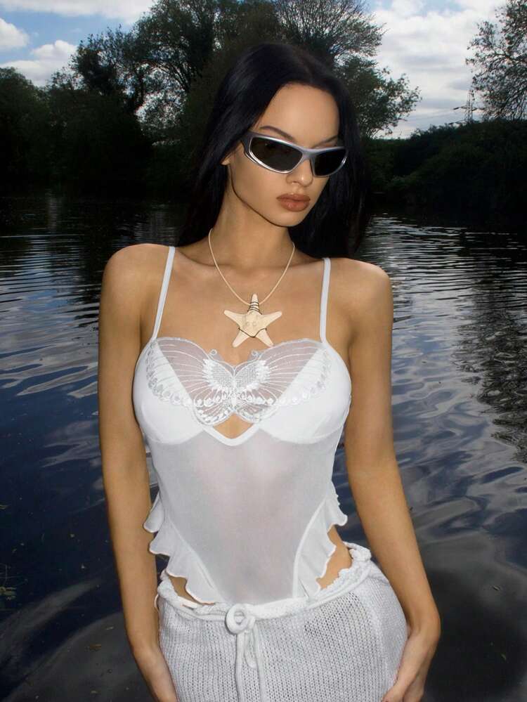 Women's Fashion Bow Decorated Mesh See-Through Ruffle Hem Sleeveless Bodysuit