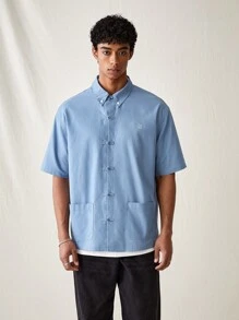 Manfinity VCAY Áo sơ mi dệt kim ngắn tay mùa hè dành cho nam có thêu chữ và nút chụp - Màu xanh lam - Xem 3