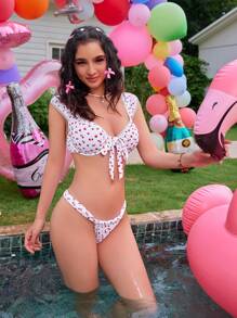 SHEIN Swim Women's Holiday Cherry Printed Front Knot Sexy Bikini Set(Random Pattern), With Underwire And Non-PUSH UP Design Bra & Bikini Bottom, For Summer Beach - Multicolor - View 7