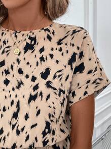SHEIN Clasi 女士卡其色豹紋動物圖案喇叭袖吊帶優雅連身褲 - 彩色 - 查看 4