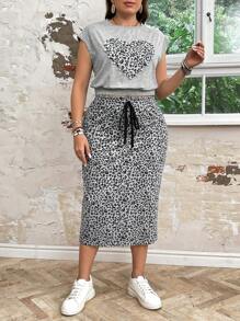SHEIN LUNE Bộ đồ hai mảnh in họa tiết đơn giản hàng ngày cho nữ cỡ lớn, mùa hè - Xám - Xem 5