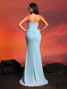 Blaues trägerlos plissiertes Abendkleid mit hoher Taille und Schlitz, elegantes Brautjungfernkleid - Blau - Übersicht 3