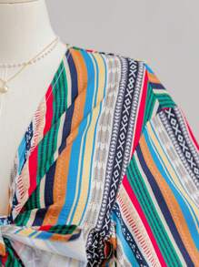 Soleia 大码女式前扣不对称下摆蝴蝶结长衬衫，喇叭袖，彩色条纹印花，夏季 - 彩色 - 查看 4