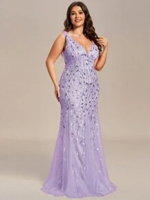 EVERPRETTY Váy đuôi cá đính sequin cổ chữ V sâu không tay cỡ lớn thanh lịch trang trọng dự tiệc cưới, tốt nghiệp, váy dự tiệc tối - Màu tím hoa cà - Xem 3