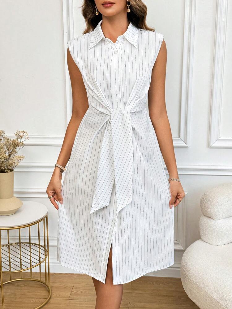 Striped Sleeveless Shoulder-Padded Women's Shirt Work Dress