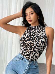 Firerie Women's Leopard Print Sleeveless Slim Fit Fashionable Stand Collar Tank Top - Multicolor - View 2