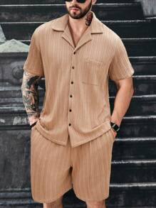 Manfinity Homme Men Plus Size Solid Color Casual Daily Spring Summer Short Sleeve Shirt And Shorts Set - Khaki - View 1