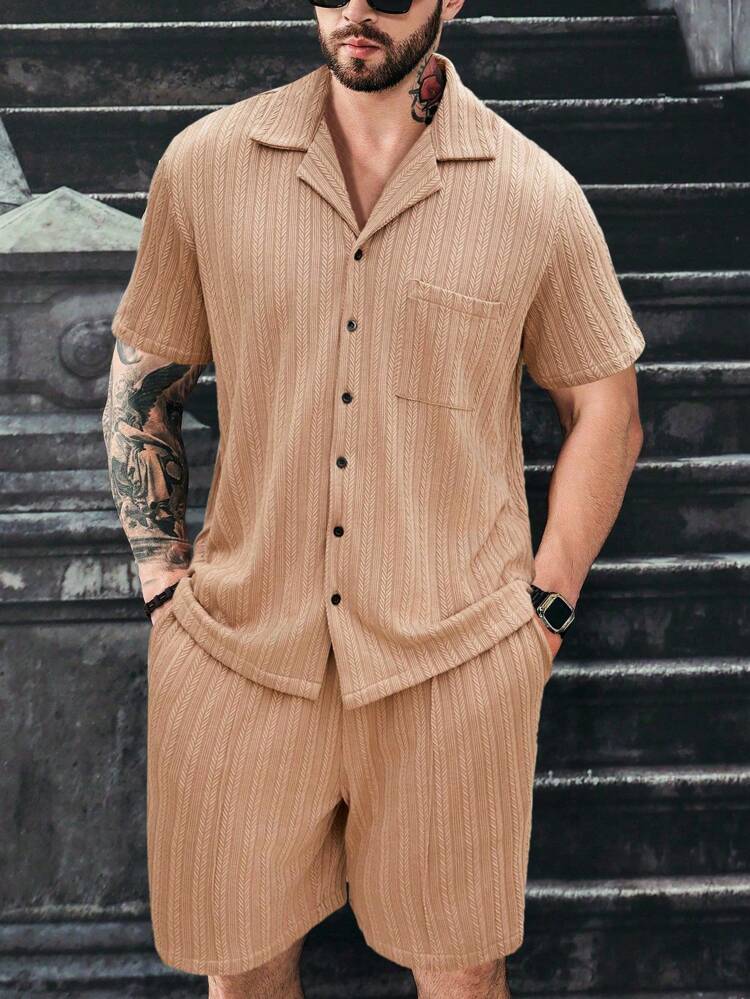 Men Plus Size Solid Color Casual Daily Spring Summer Short Sleeve Shirt And Shorts Set