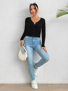 SHEIN PETITE Cárdigan con botones sólidos, suéter de punto para otoño/invierno - Negro - Ver 4