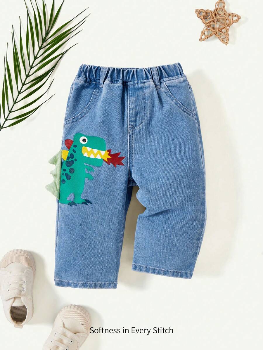 Cozy Pixies Baby Boys Cute Dinosaur Printed Jeans, Sporty, Lively, Versatile Outdoor Wear - Blue - View 1