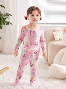 SHEIN 寶寶女孩合身卡通圖案圓領長袖長褲針織睡衣套裝 - 淺粉色 - 查看 5