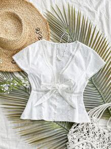 Soleia WYWH Vacation Women's Leisure Seaside Beach Vacation Spliced Lace Embroidered V-Neck Shirt